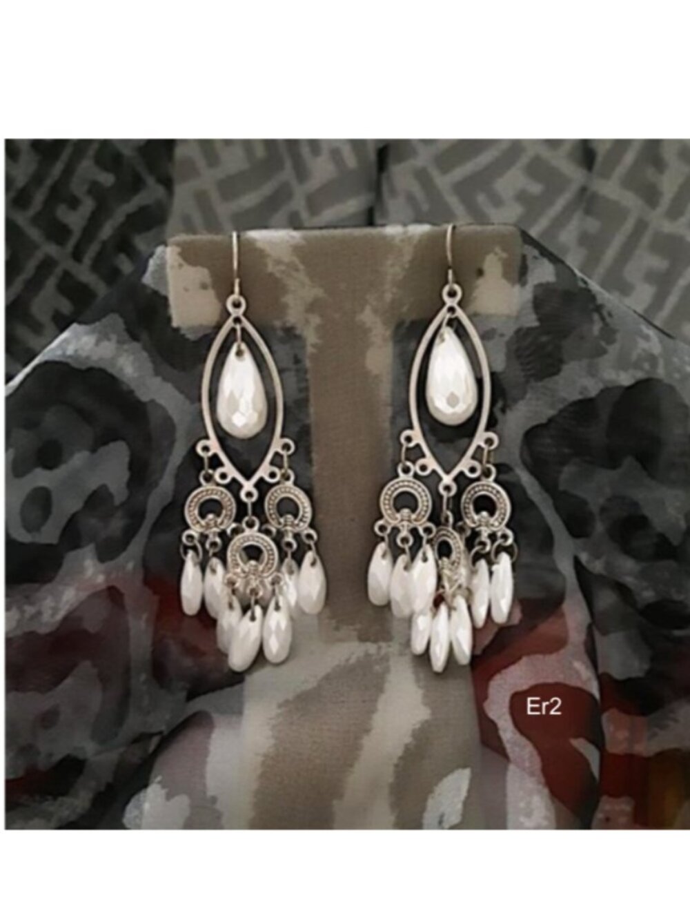 White Pearl Chandelier Silver Dangle Wire Earrings